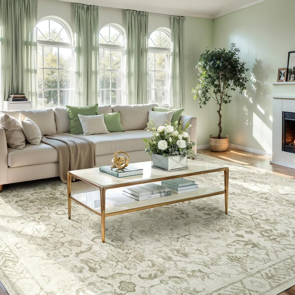 

Sage Green Rugs 8x10 for Living Room Soft Non-Slip, Large Vintage Floral Area Rug Retro Tribal Farmhouse Stain Resistant Carpet