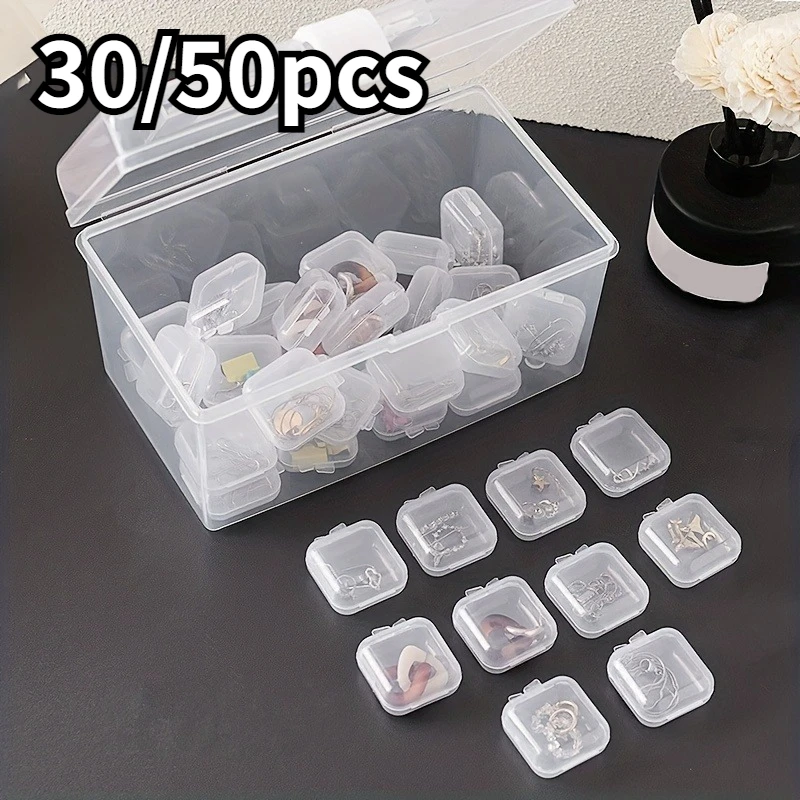 50/30pcs Transparent Jewelry Storage Box Mini Antioxidant Plastic Box Square with Lid Home Organizing Storage Supplies