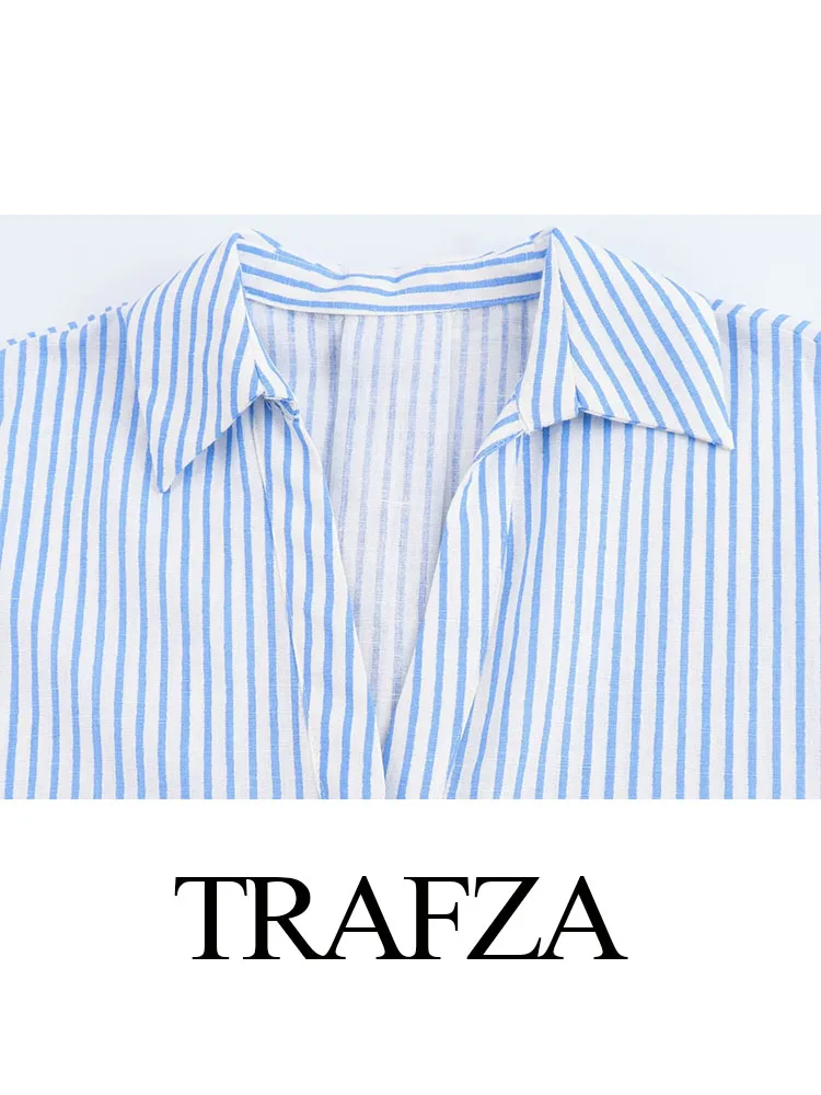 Trafza Sommer für Frauen Mode Langarm Revers Shirt Top Frau blauen Streifen Einreiher dekorieren Vintage Bluse Mujer