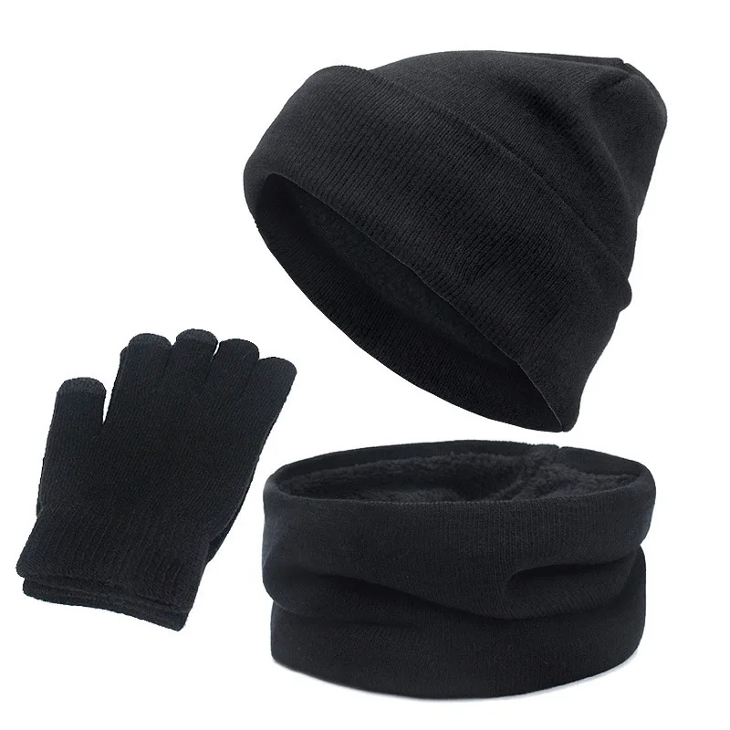 Winter Fleece Lined Thermal Set Hat Scarf Touchscreen Gloves Trio for Women Men Outdoor Skiing
