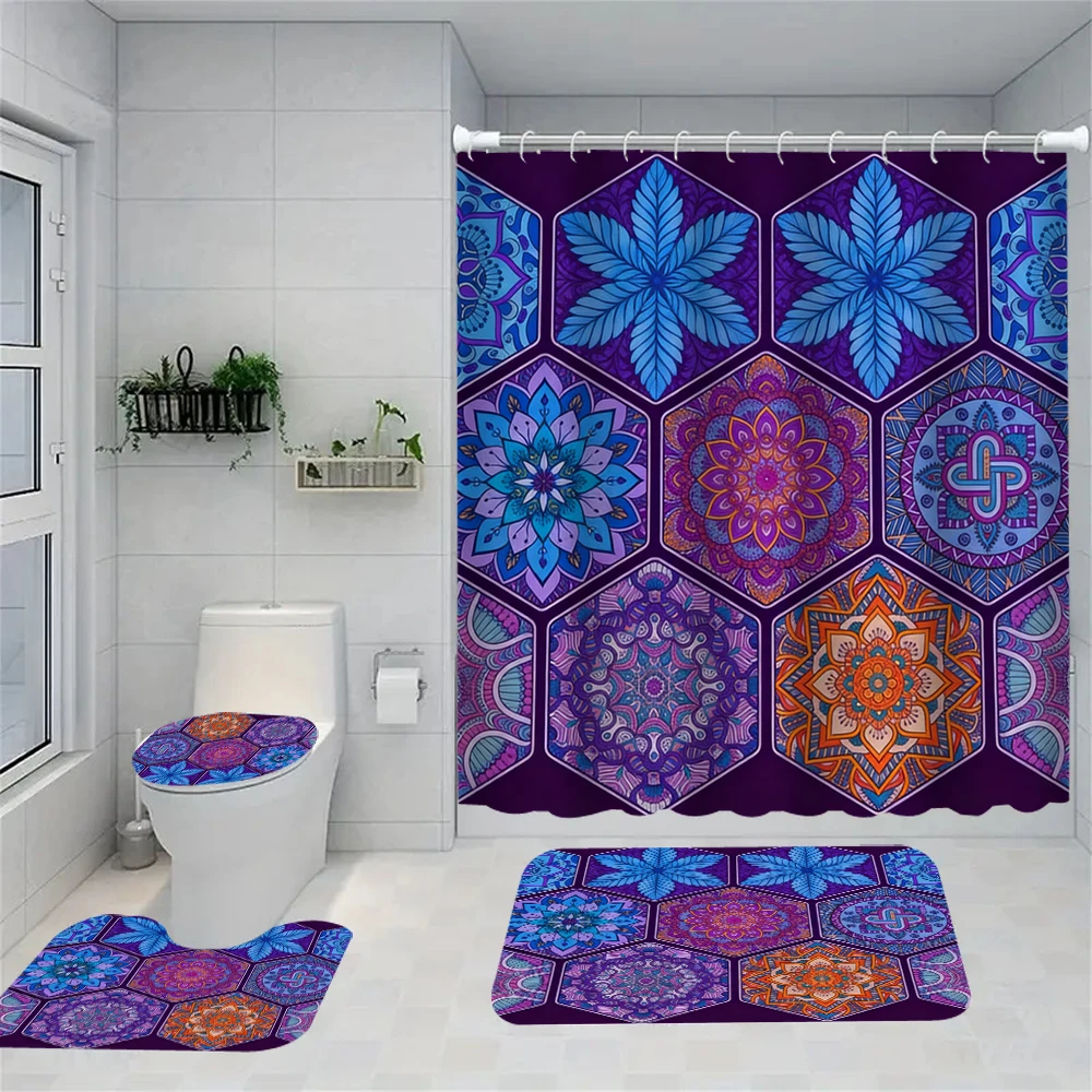 4/1 Mancharo Duschvorhang-Set, WC-Sitzdekoration, Duschvorhang mit Teppich und Toilettendeckel, Größe 70,8x70,8 Zoll