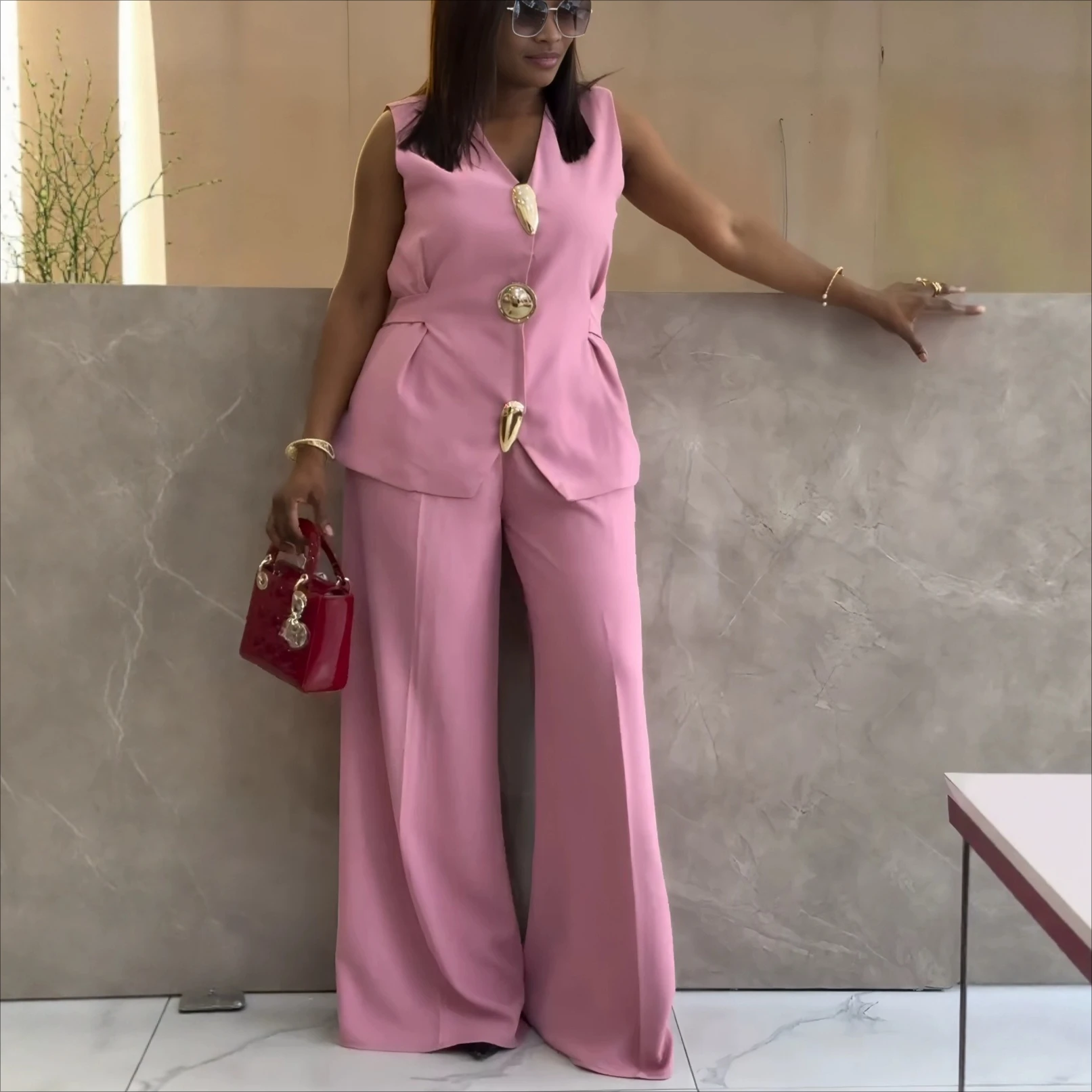 

Women Pant Set Two Piece Sets V Neck Sleeveless Vest Top Wide Leg Long Pants High Waist Y2k Streetwear Elegant Casual Loose 2026