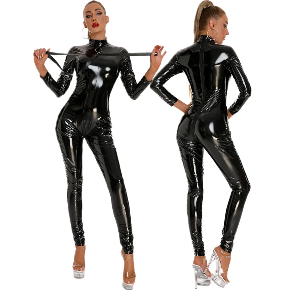 Erotic Sexy Crotchless Wetlook Latex Bodysuit Double Zipper Jumpsuits for Woman Long Sleeve Open Crotch Leather Catsuit Lingerie