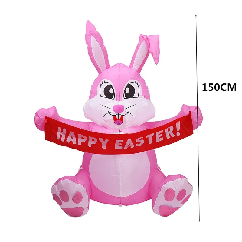 Inflatable Easter Decoration Lighted Pink Bunny Hold Happy Easter Banner Blow Up Indoor Outdoor Decor for Holiday Lawn Garden