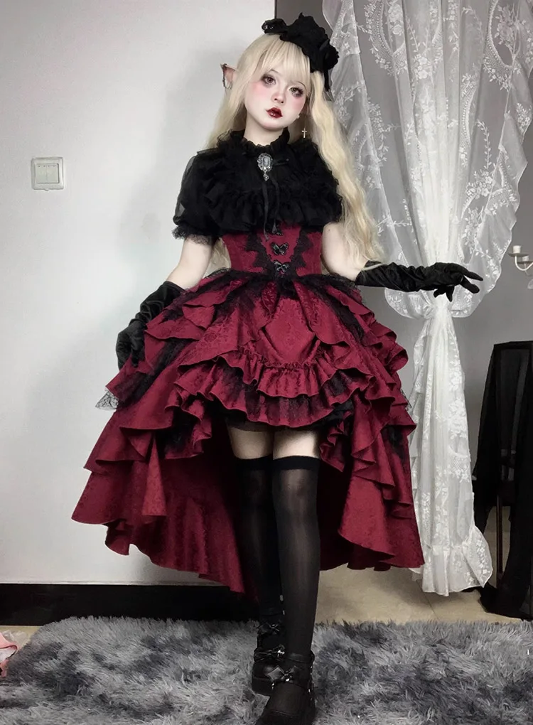 2024 Dark Gothic Lolita Black Shirt Red Pull up Top Shirt Skirt Set Lolita Asymmetric half skirt two-piece set