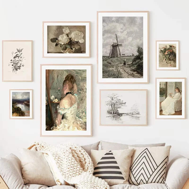 French Vintage Oil Painting-Style Portrait Poster Rustic Floral Windmill Frameless Canvas Wall Art Home Decor for Bedrooms