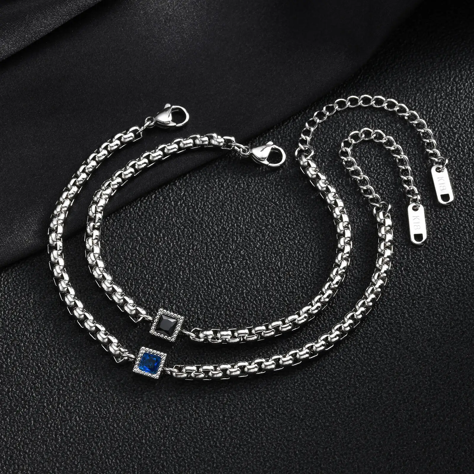Vnox Men's Square Black Blue Zircon Box Chain Bracelet, Stainless Steel Adjustable 18-23cm Link Wristband, Fashion Jewelry Gift view 5