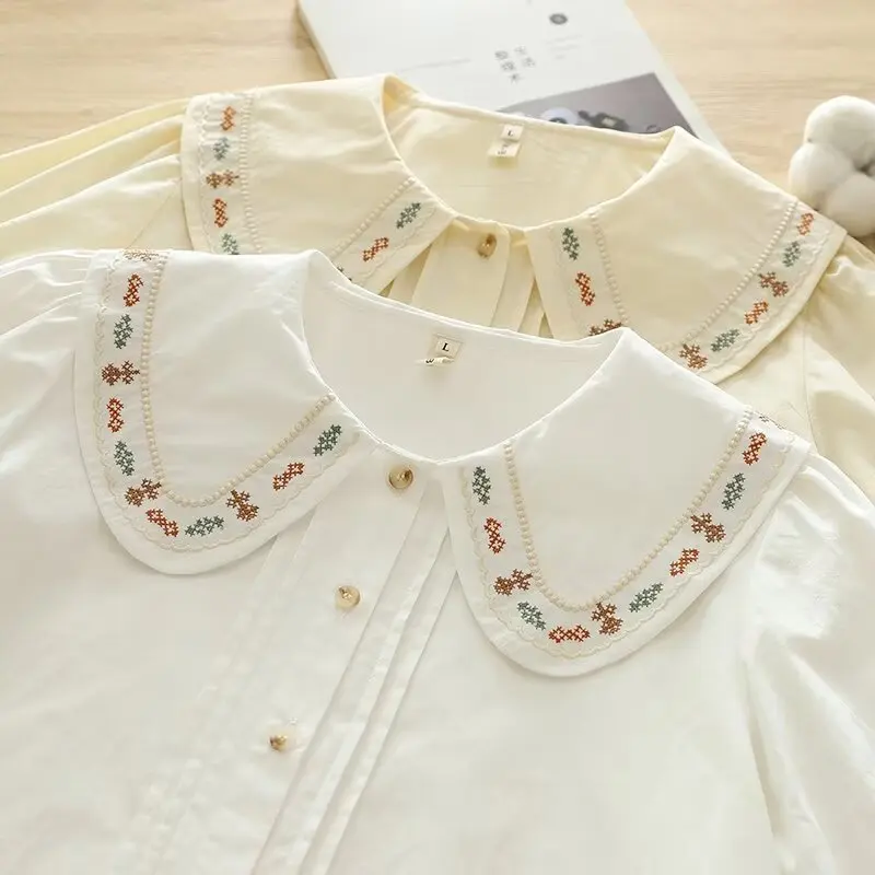 

Korean New Chic Shirt Women's Summer All-match Simple Style Round Collar Cotton Tops Casual Loose Blouse for Girls S164