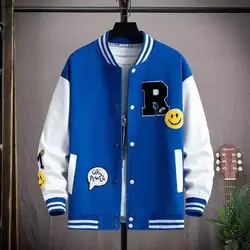 Veste de baseball brodée avec visage souriant pour hommes, style preppy, manteau d'extérieur patchwork, vêtements vintage, streetwear hip hop