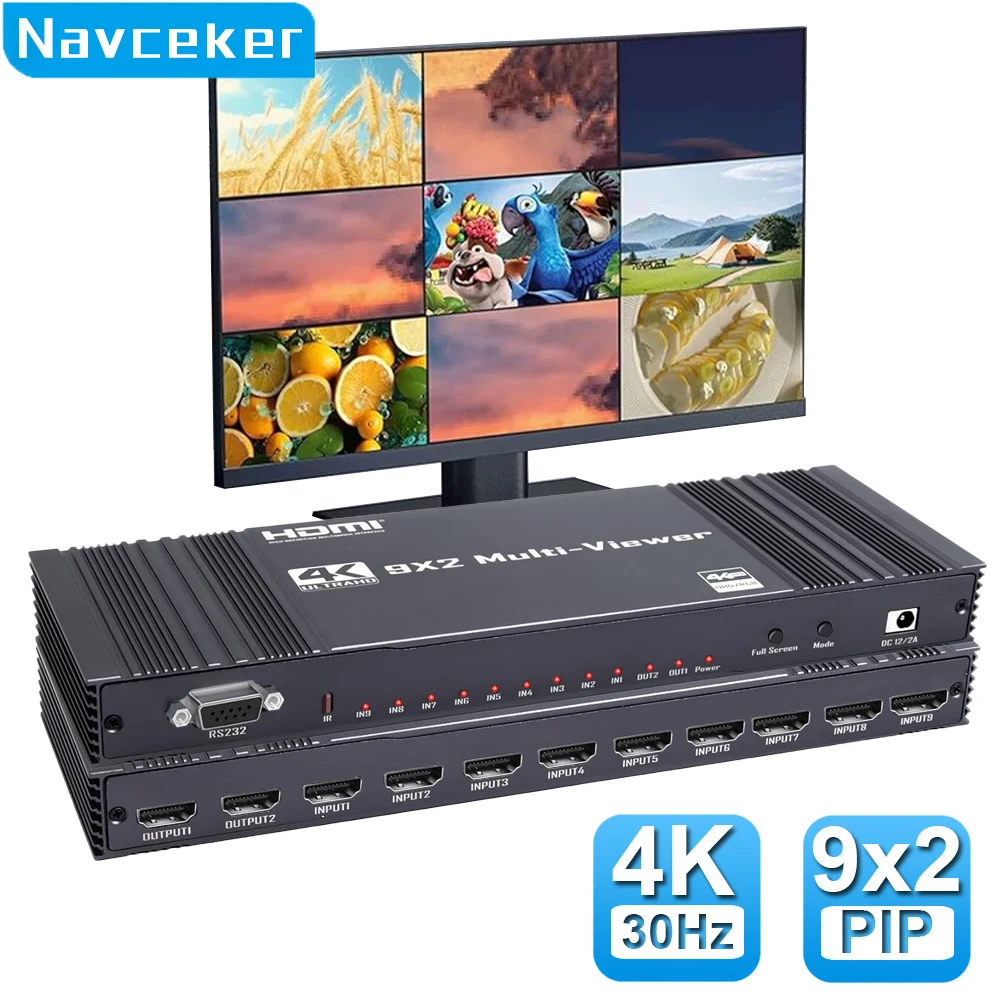 Navceker HDMI-compatible Multiviewer 4K 9 In 2 Out 1080P Quad Screen Multi Viewer HDMI Multi-Viewer Seamless Switch with IR