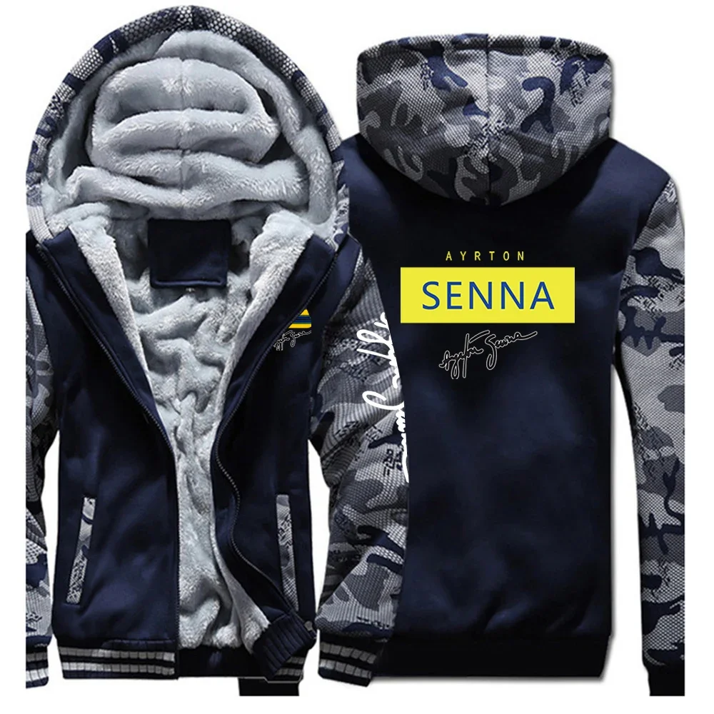 2024 New Men Ayrton Senna Trendy Sweatshirt Coat Zipper Jacket Autumn and Winter Pure Color Plush Lined Cardigan Hoodie Tops