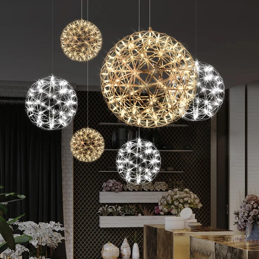 Modern Sliver Gold Spark Ball Chandelier Light Fixture Firework Ball Stainless Steel LED Pendant Lamp Home Lighting 110-240V