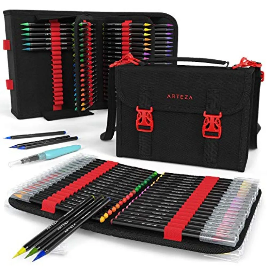 Real Brush Pens Set of 96 Water-Based Brush Markers with Flexible Nylon Tips Water Brush Pen and Portable Organizer Case for Dr