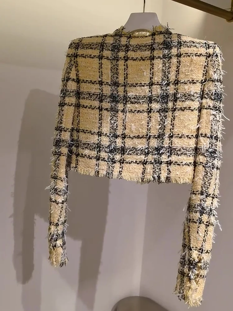 French Style Plaid Short Coat Double Row Button Tassel Hem Unique Design Ladylike Elegant Fashionable Spring Ladies Jacket