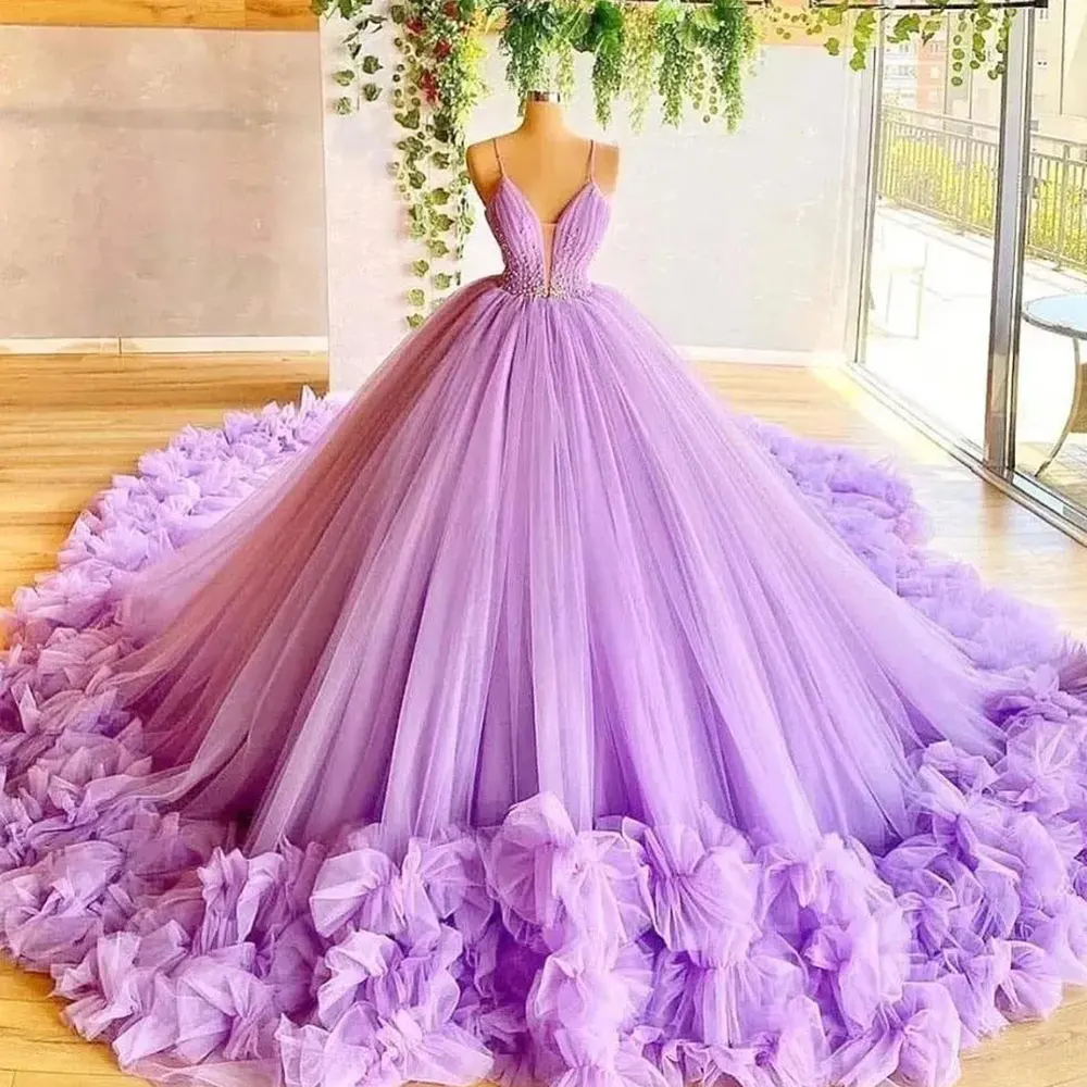 Sky Blue Purple Spaghetti Strap 15 Quinceanera Dresses Sweet Flower Flounce Large Hem Prom Ball Gowns for Teenagers Homecoming