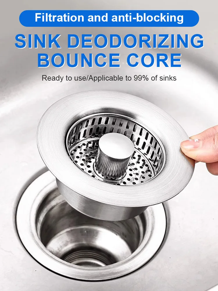 Kitchen Sink Drain Strainer Stopper Combo, Chrome Stainless Steel Wraped Shell Pop Up Sink Stopper Strainer