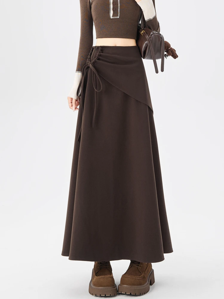 

Коричневая утолщенная шерстяная юбка-костюм для женщин, осенне-зимняя, с высокой талией, А-силуэт, длинная юбка-солнце, мягкая, удобная, винтажная