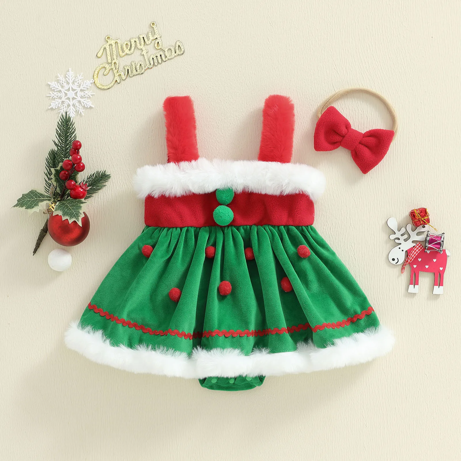 

Baby Girl 2025 Christmas Outfit Long Sleeve Square Collar Gingerbread Man Romper Dress Bow Headband 2 Piece Set