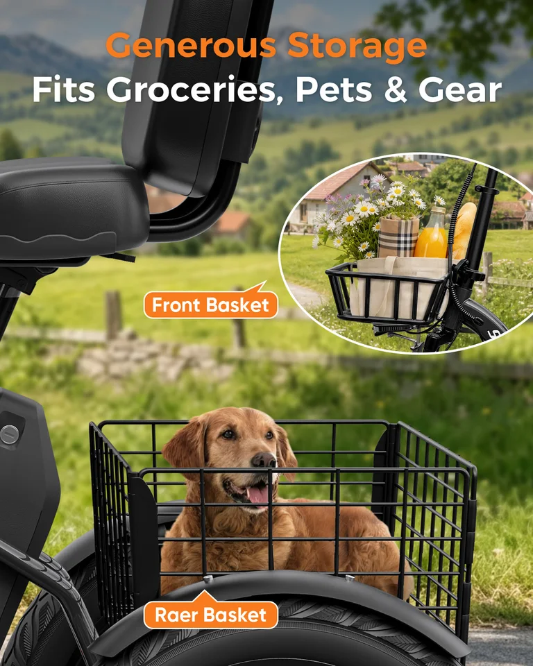 Spacewalk 1200W Peak Electric Trike for Adults, 48V 15Ah Battery 3 Wheel Electric Bike with 60 Miles Range, 18×3.0 Fat Tires, Dual Disc Brakes, Rear Cargo Basket, Adjustable Comfort Seat, Folding E Tricycle for Seniors-Black image 10
