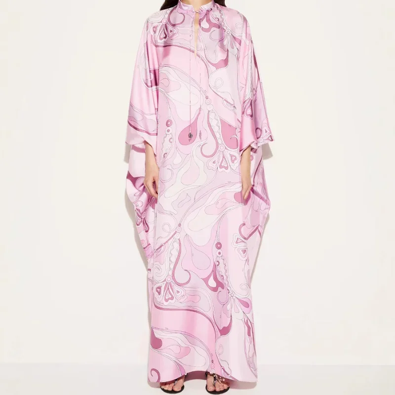 2025 nova moda elegante vestido de festa de férias vintage robe impressão geométrica cetim caftan vestido feminino gola solta oco