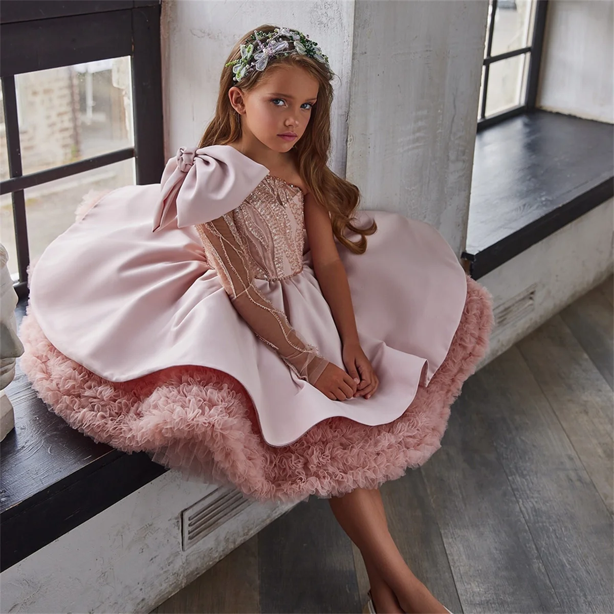 Pink Fluffy Layered Long Sleeved Single Shoulder Sequin Flower Girl Dress Wedding Cute Flower Child Communion Party Dress