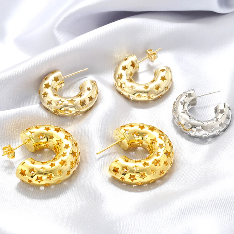 ZHUKOU 18k golden plated hollowed out stars semi-circular romantic ladies cute retro earrings Model: VE1319 VE1320