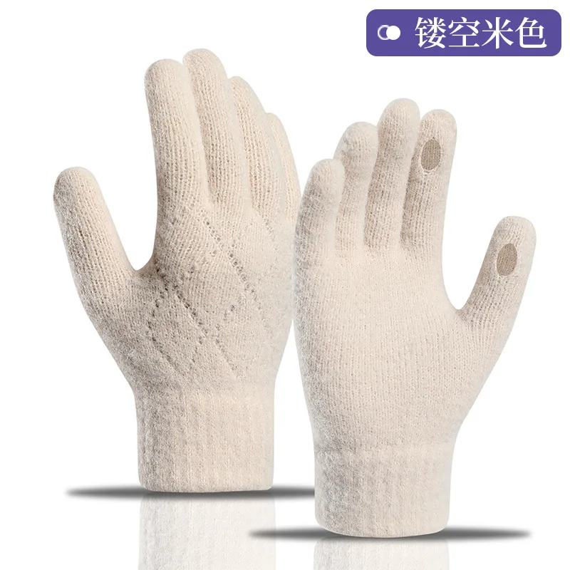 여성의 따뜻한 다섯 손가락 두꺼운 니트 원사 안티 콜드 야외 사이클링 양털 터치 스크린 겨울 장갑 패션 새로운 스타일