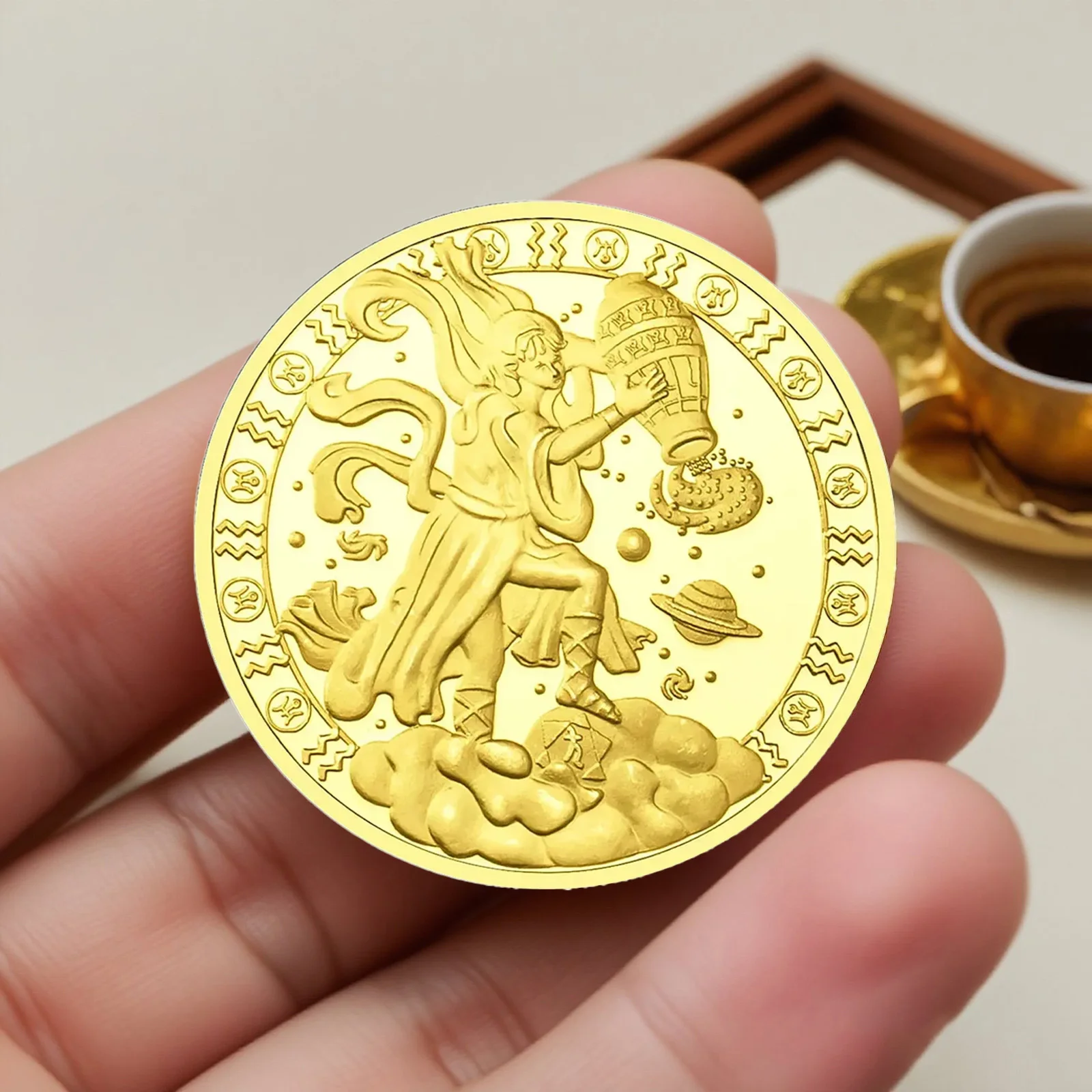 عملة قابلة للجمع على شكل برج الدلو المطلية بالذهب، اثني عشر كوكبة، عملات تذكارية لتزيين المنزل #6
