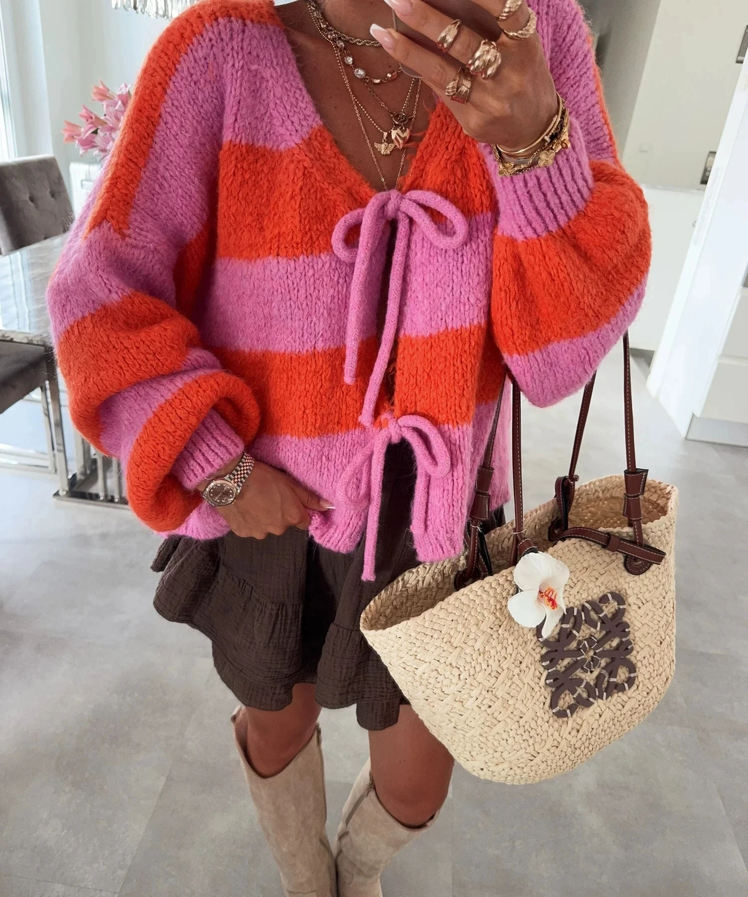 New autumn and winter striped contrasting bow tie knit cardigan elegant, fashionable, loose casual sweater jacket