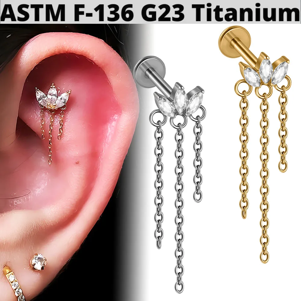 1PC G23 Titanium Chain Dangle Marquis Zircon Labret Lip Ring Internal Thread Ear Cartilage Tragus Helix Daith Body Pierciny