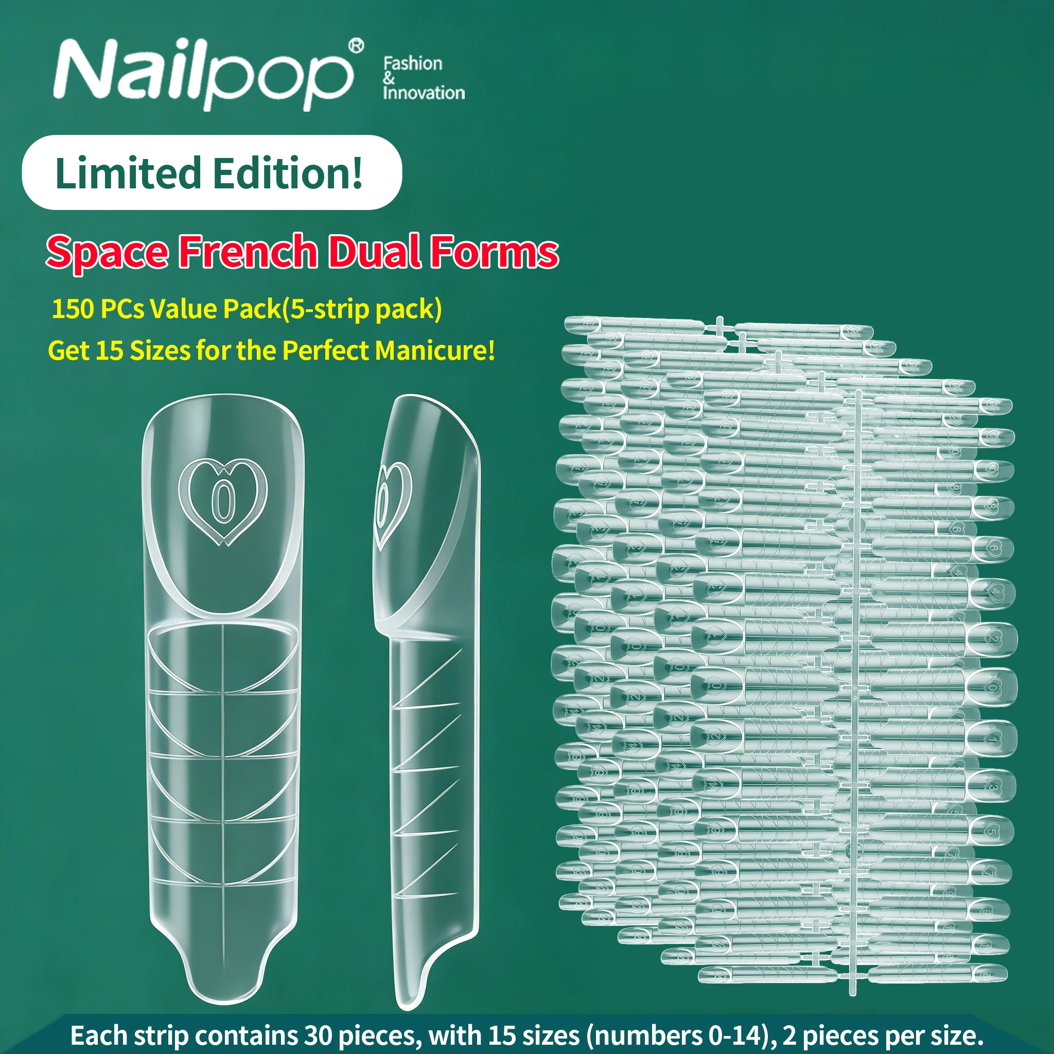 Nailpop Space French Dual Forms 15 Sizes Clear Reusable Nail Extension Gel French Tip Manicure Tool DIY Art Salon 60/75/150PCS