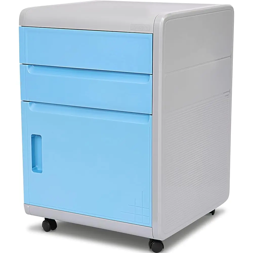 

2 Drawer Rolling File Cabinet, 3 Compartment Organizer Filing Desk W/Coded Lock, 16.25” L X 16.5” W X 21.5” H, Gray/Blue