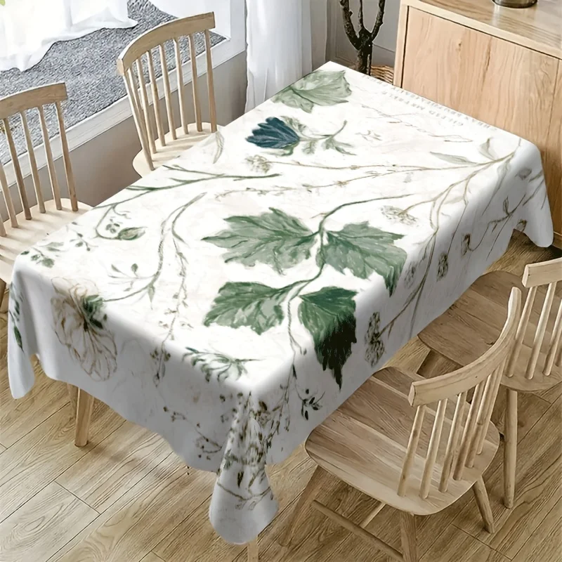 Vintage Leaf Tablecloth, Off White Background Green Plant Print Waterproof Table Cover, Washable for Farmhouse Dining Decor