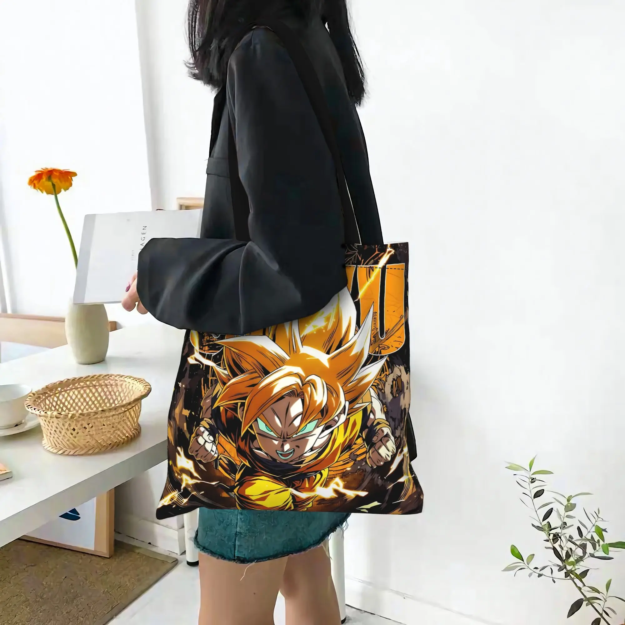 Customized Dragon Ball Goku Women's Bag Shopping Bag Reusable Double Sided Canvas Tote Bag Shoulder  Handbag