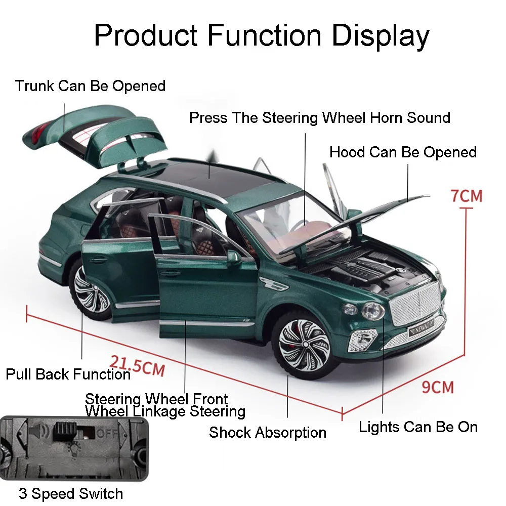Bentaygaミニチュア車のおもちゃ、合金ダイキャスト車、6ドアを引き戻す、オープンサウンドライト、SUVモデル、子供向けギフト、1:24