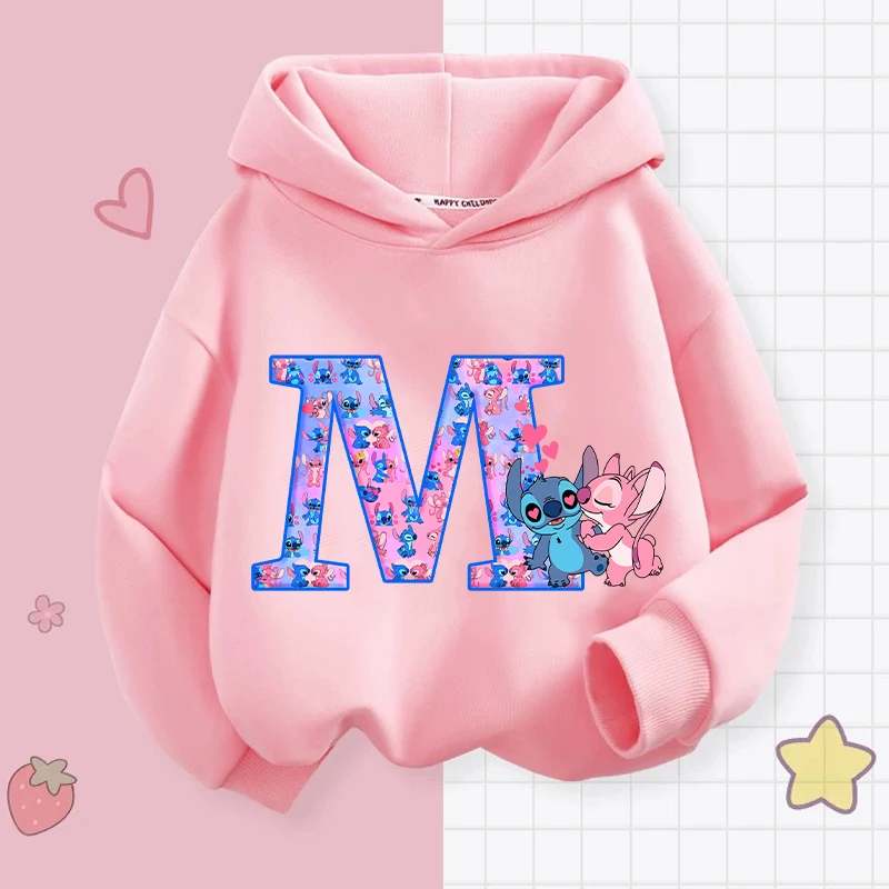 Stitch Angel Letter A-Z bluzy dziewczyny Disney Anime bluza dziecięca zimowa pogrubienie ciepłe pulowerowe topy ubrania dla dzieci prezent