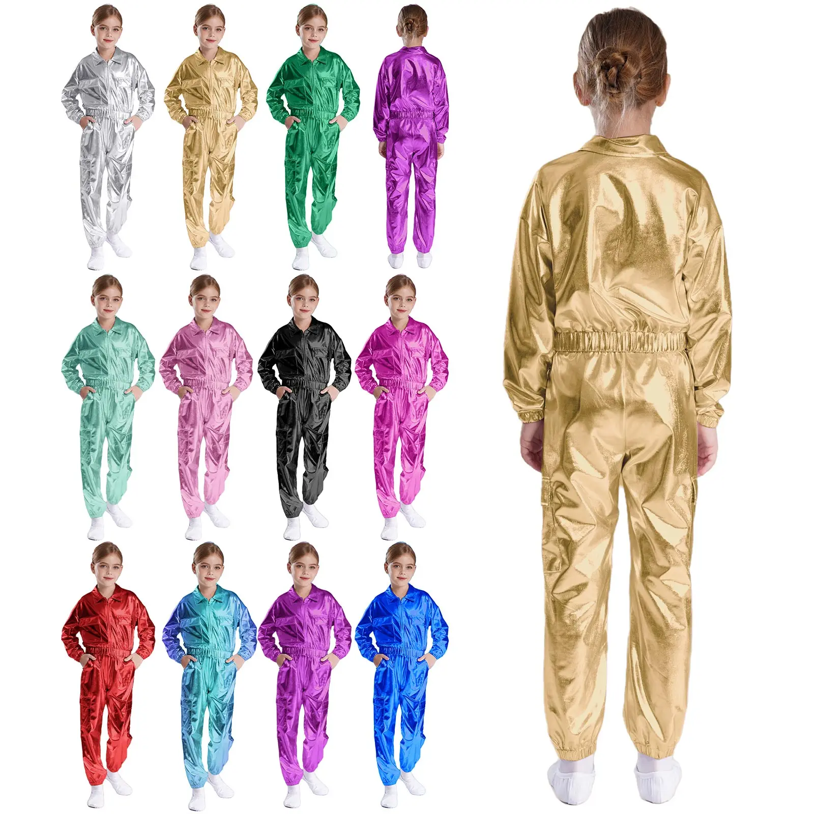 Kids Boys Girls Hip-Hop Dance Costumes Fashion Metallic Jacket Coat Long Sleeve Turn-Down Collar Outwear + Pants Sets Streetwear