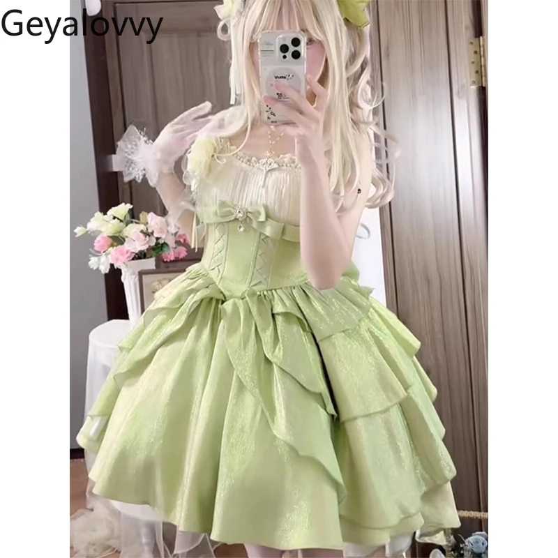 Jsk – robe de princesse verte sans manches, taille haute, nouvelle collection d'été, Lolita, mignonne et douce pour filles, avec nœud à volants, Slim, robes de fête d'anniversaire