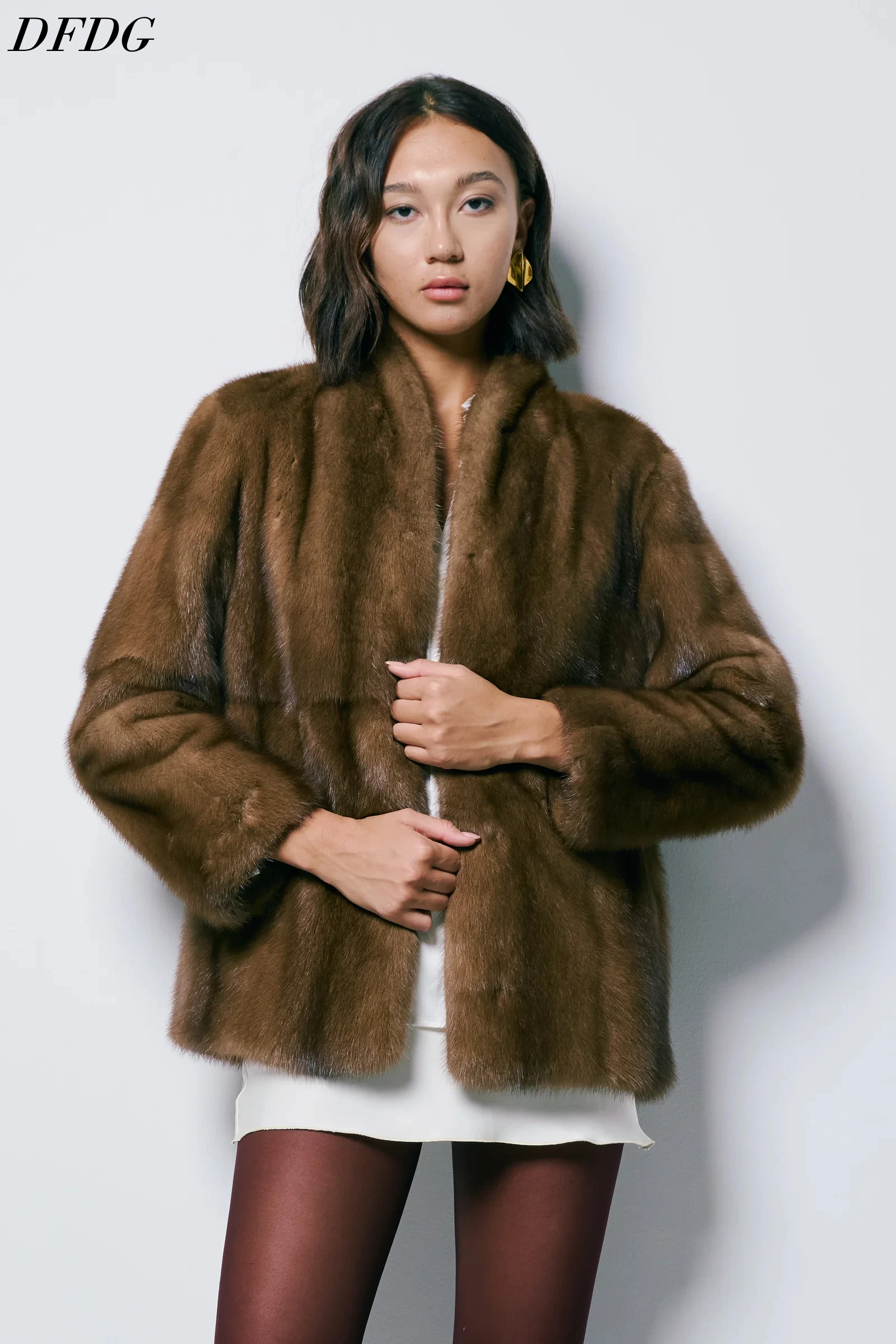 DFDG Women Faux Mink Fur Coat Stand Collar Open Front Short Plush Jacket Winter Warm Luxury Outerwear Casual Streetwear Outfit