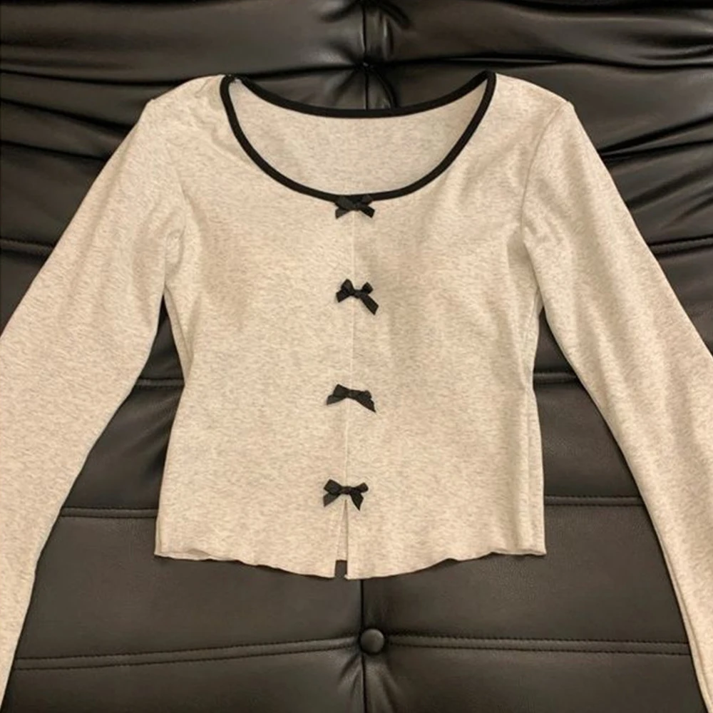 

New Modal Cotton Bow Cropped Top Slim Fit Solid Color Long Sleeve T-shirt Round Neck Ladies Tops