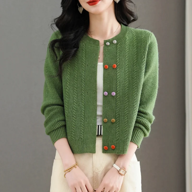 

2025 вязаный кардиган в корейском стиле с яркими пуговицами, короткий однобортный модный кардиган с круглым вырезом и длинными рукавами
