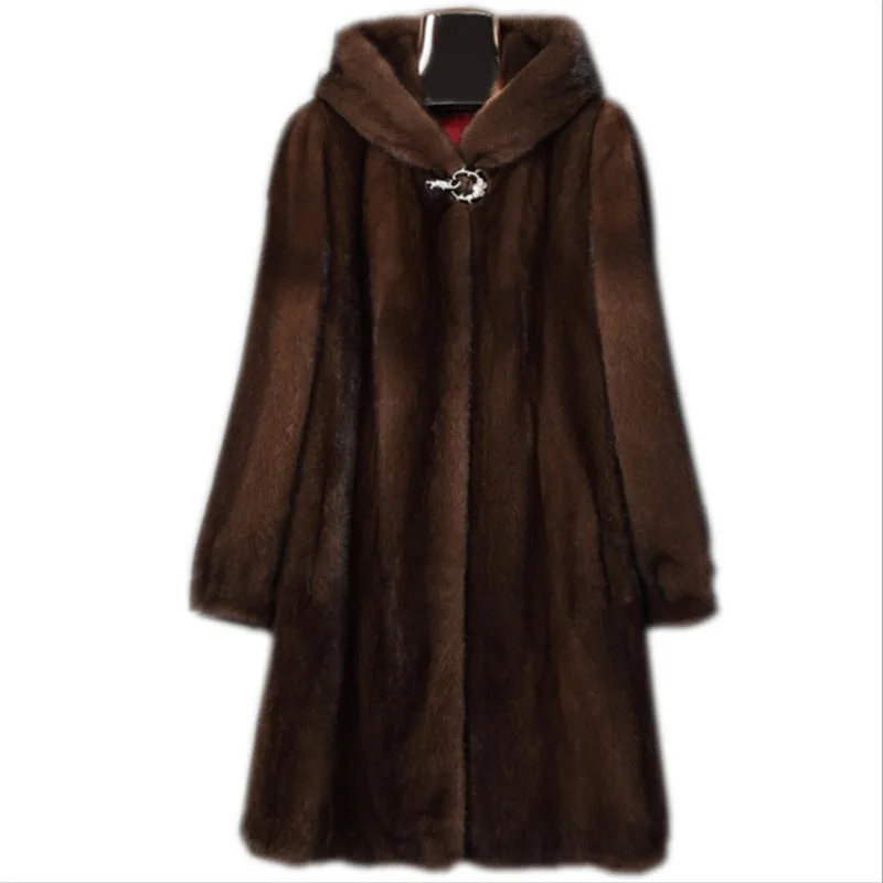 Whole Mink Coat Thickened Long Hooded Fur Coat Autumn and Winter Fashionable Fur Windbreaker for Women