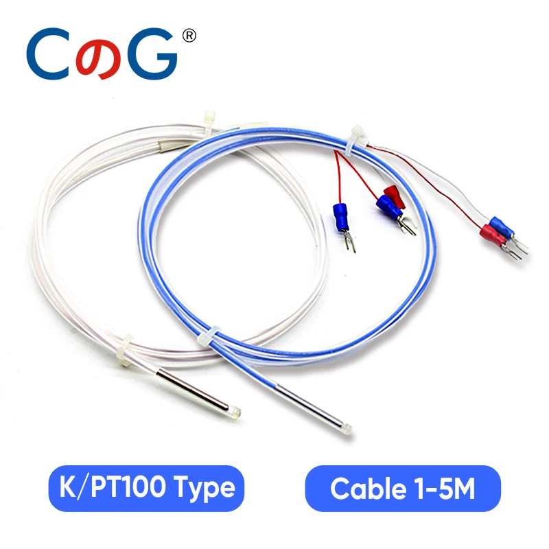 CG Teflon PT100 RTD K Type Thermocouple Temperature Sensor 2/3 Wire Probe Waterproof Anti-corrosion Acid and Alkali Resistance