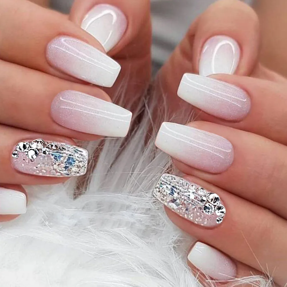 

2026 New Simple Pure Desire Brightening Glitter Rhinestone Wearable Nail Art Lotus Root Pink Gradient False Nail Stickers