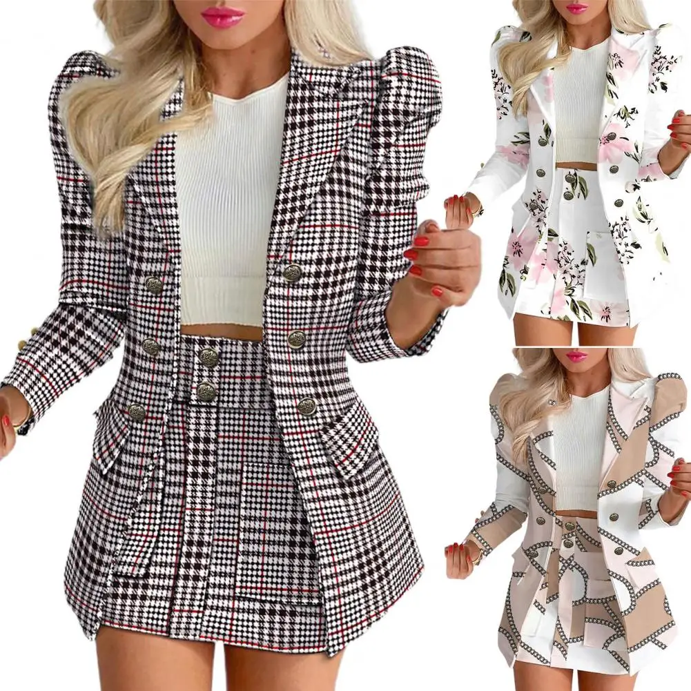 

Women Coat Skirt Set Flower Check Print Coat Skirt Set High Waist Ol Style Formal Commute Suit for Women 2 Pcs/set Lady Jacket