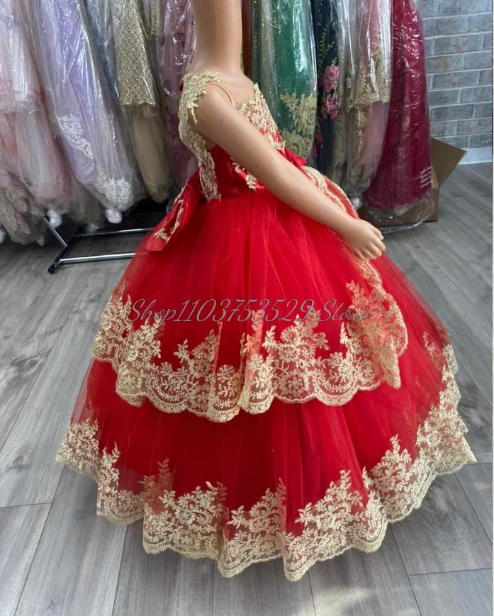 Vestidos Rojos de lujo para niña de las flores, apliques delicados con cuentas de tul con lazo, tutú de princesa, vestidos de fiesta plisados en capas