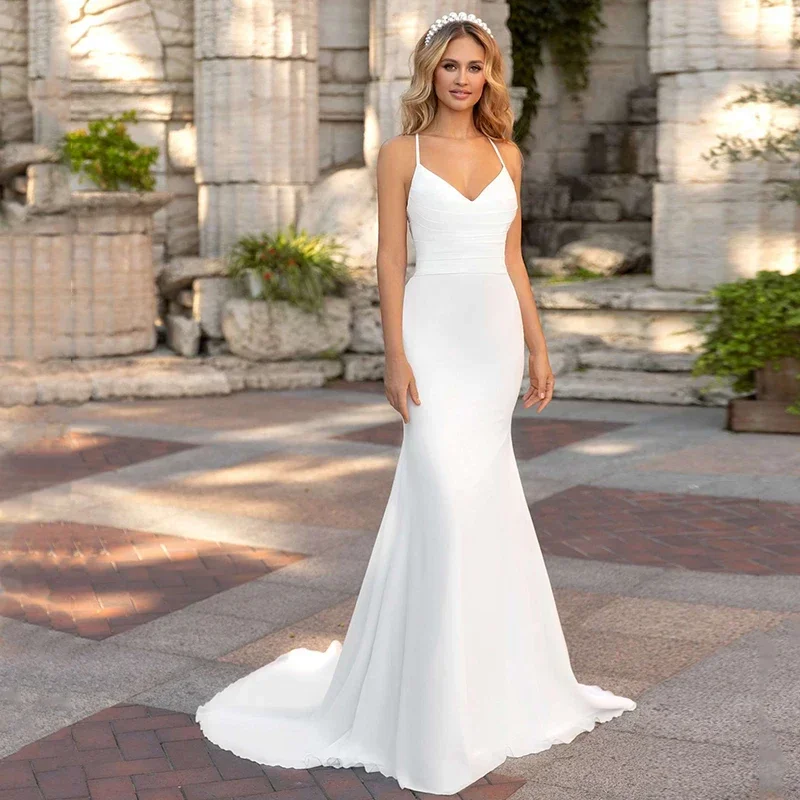 

Customized Weilinsha Simple Spaghetti Straps Mermaid Wedding Dress Sexy V-Neck Sweep Train Sleeveless Backless Bridal Gown Vesti