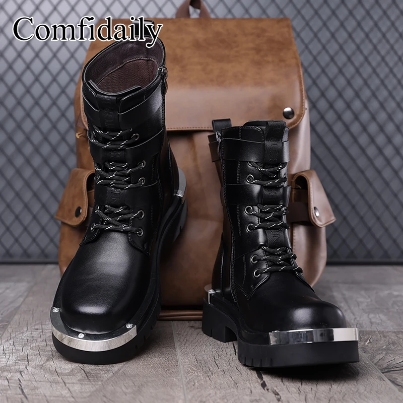 Large Size Thick Soled High Top Boots with Belt Buckle Metal Side Zipper Personalized High-quality Fashionable Motorcycle Boots view 2