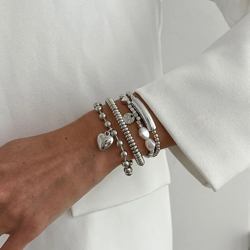 4Pcs/Set New Imitation Pearls Metal Heart Pendant Bracelets Women Fashion Creative Sliver Color Cube Chain Jewelry Gifts