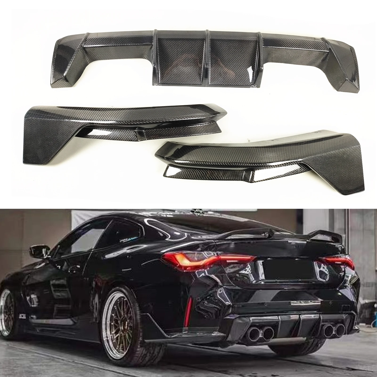 Car Rear Bumper Diffuser Lip & 2PCS Side Splitter Cover Trim Boot Spoiler Plate For BMW G80 M3 G82 M4 2021-2024